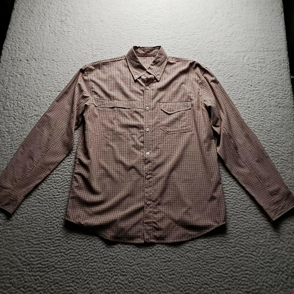 Huk Shirt Mens Medium Brown Plaid Long Sleeve Fishing Pockets Button-Up Casual